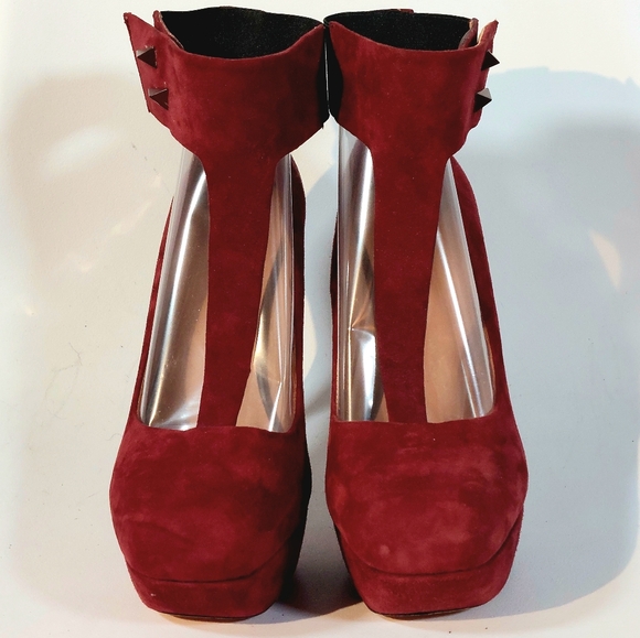 L.A.M.B. Burgundy suede Blade T-strap stiletto platform pumps, 9.5, never worn - Picture 2 of 16